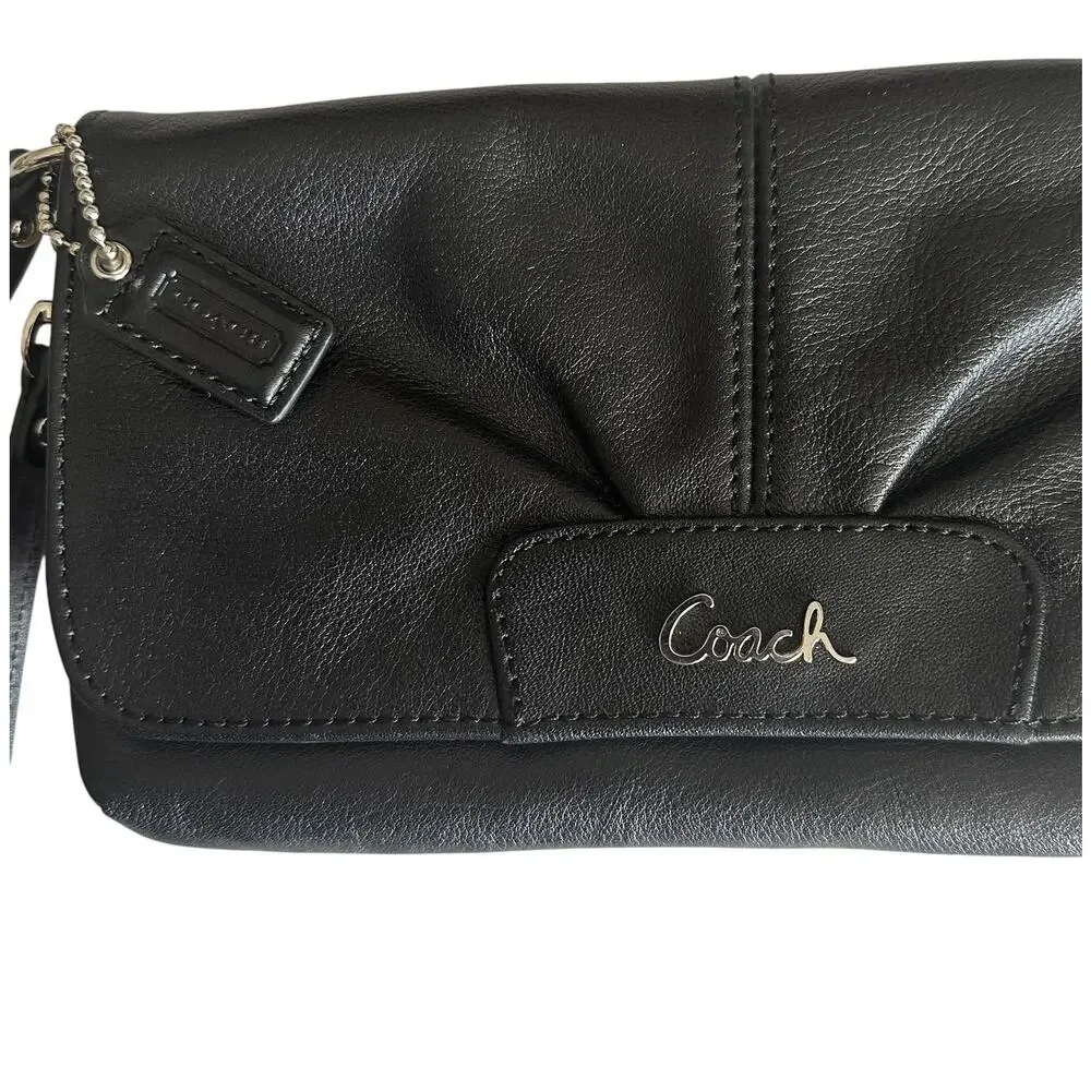 Coach Black Ashley Pleated Leather Wristlet Flap Card Holder Mini Purse Wallet